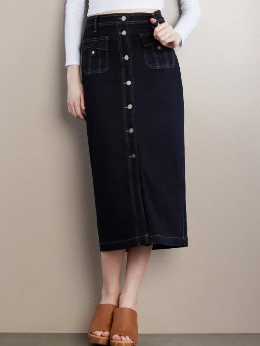 Wash Lab Denim Midi Jean Skirt Onyx Wash Size 32